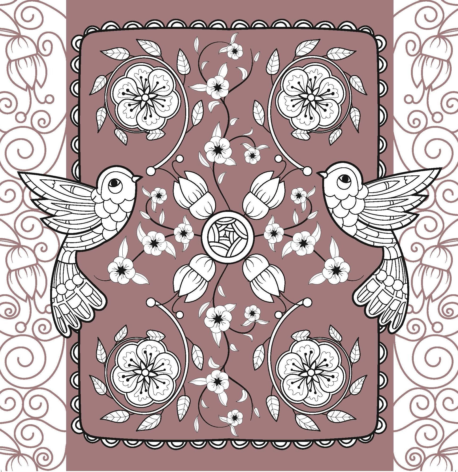 Intricate floral and bird design in black and white on a muted background from an adult flower coloring book