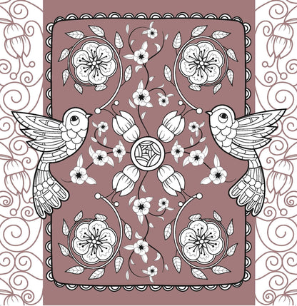 Intricate floral and bird design in black and white on a muted background from an adult flower coloring book
