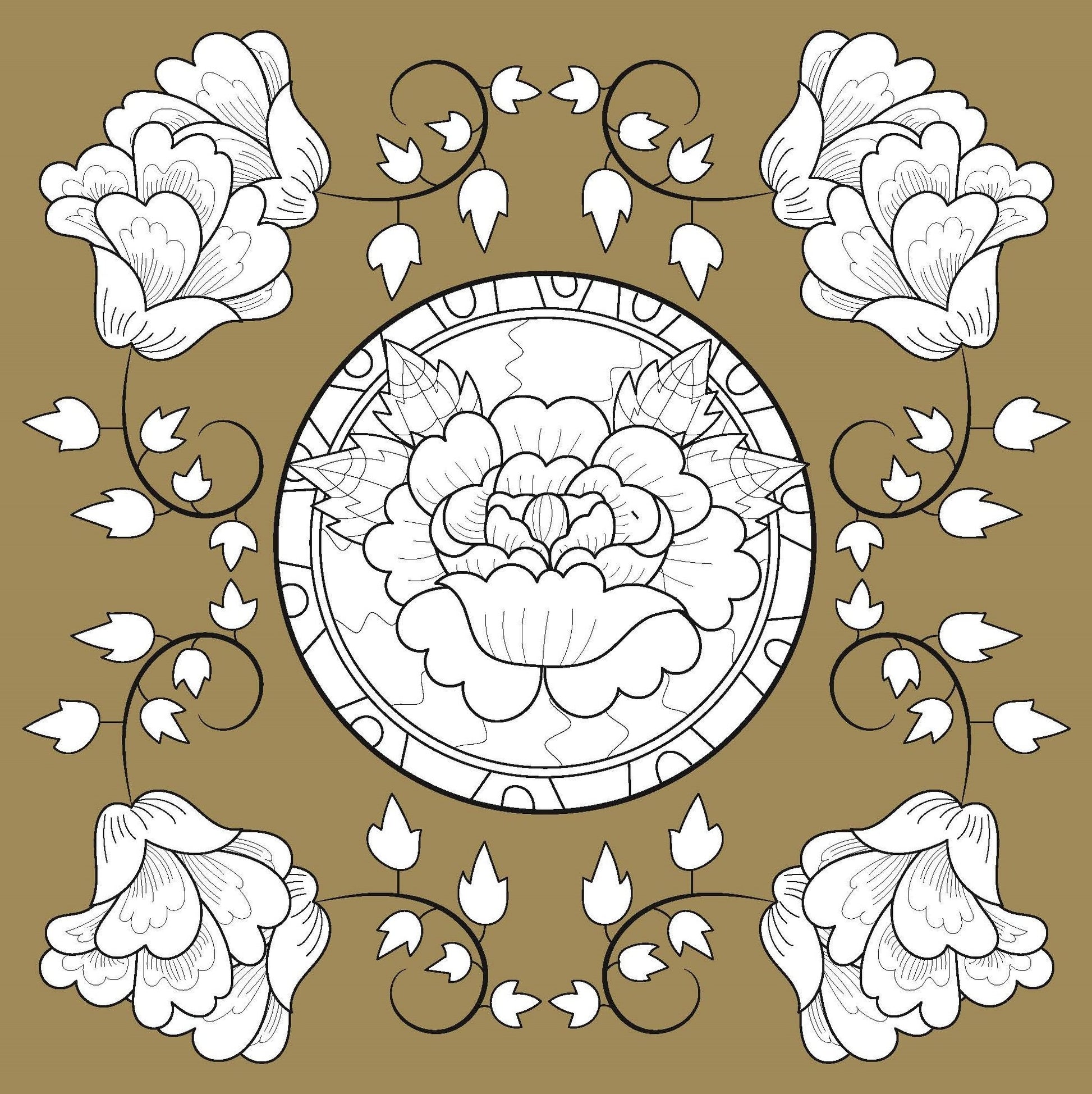 Intricate floral design from an adult flower coloring book by EveryMailBox with detailed petals and leaves