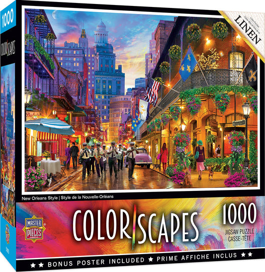 EveryMailBox 1000 piece jigsaw puzzle featuring colorful New Orleans city street scene at sunset
