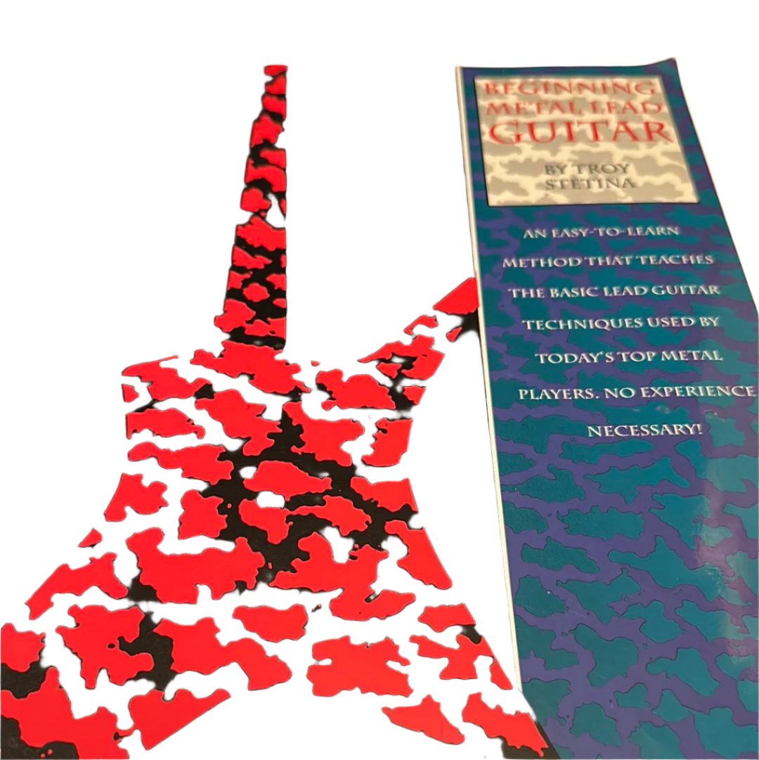 EveryMailBox metal lead guitar book with red and black electric guitar cover and beginner lessons