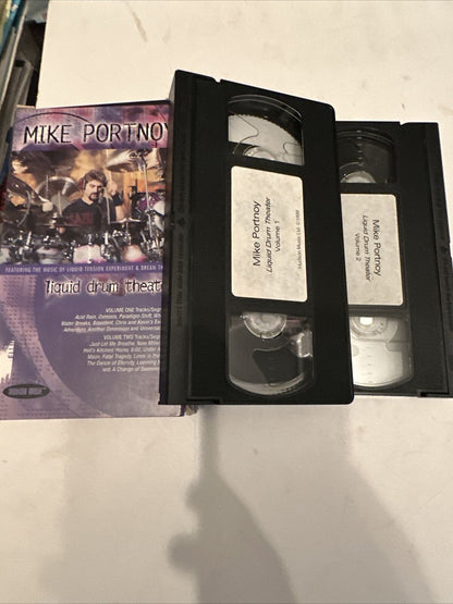 Mike Portnoy Liquid Drum Theater VHS two labeled VHS tapes with original cover showing Mike Portnoy at drum kit