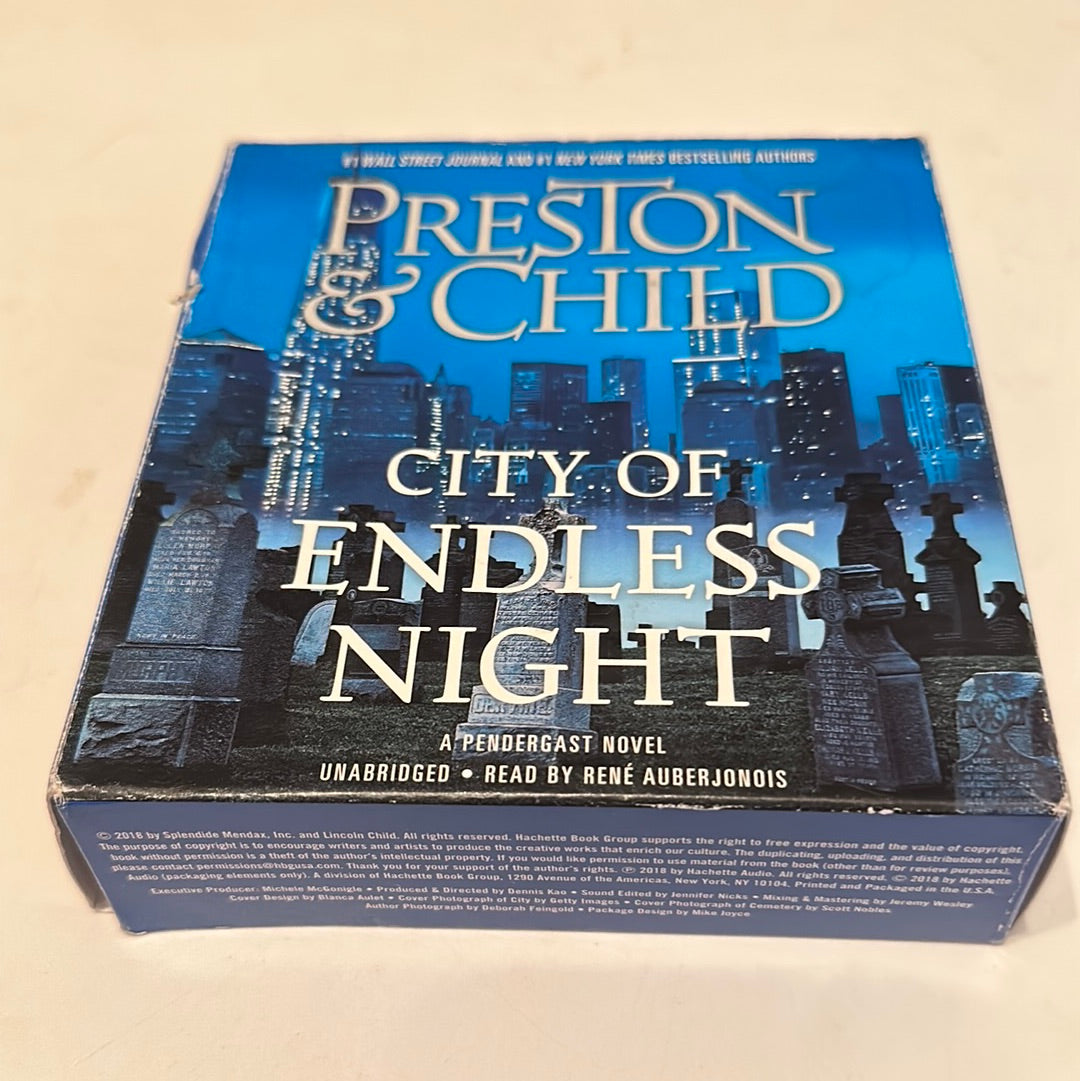 City of Endless Night audiobook by Preston and Child in a blue EveryMailBox package with cityscape background