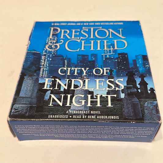 City of Endless Night audiobook by Preston and Child in a blue EveryMailBox package with cityscape background
