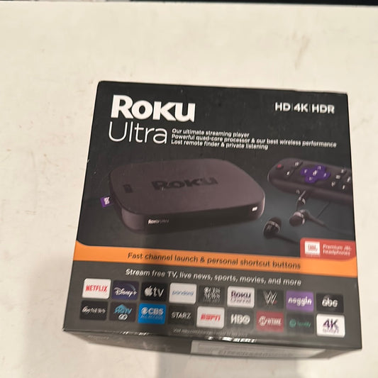 EveryMailBox Roku Ultra streaming player box showing device, remote with earphones, and streaming service logos