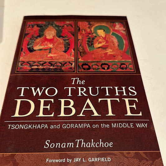 Sonam Thakchoe Two Truths Debate book cover featuring traditional artwork and text on Middle Way philosophy