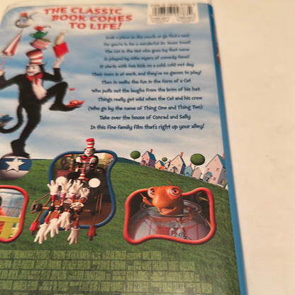 Back cover of The Cat in the Hat VHS tape by EveryMailBox featuring classic story illustrations and characters