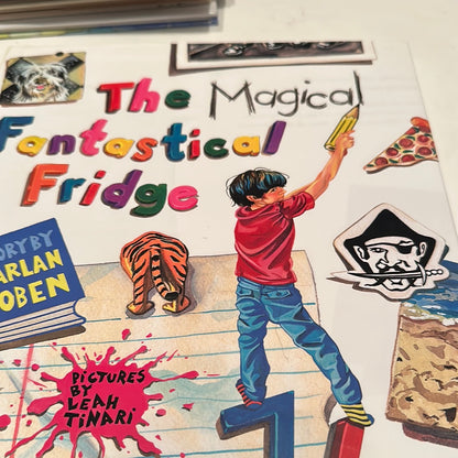 The Magical Fantastical Fridge book cover with colorful title, child drawing, and playful illustrations