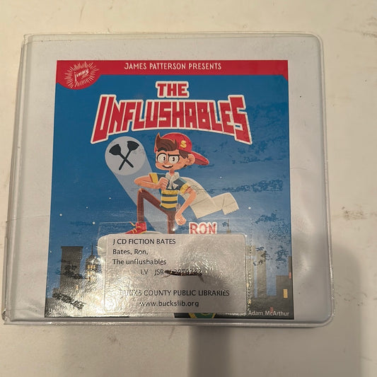 The Unflushables children's adventure audiobooks CD case featuring cartoon character and James Patterson branding