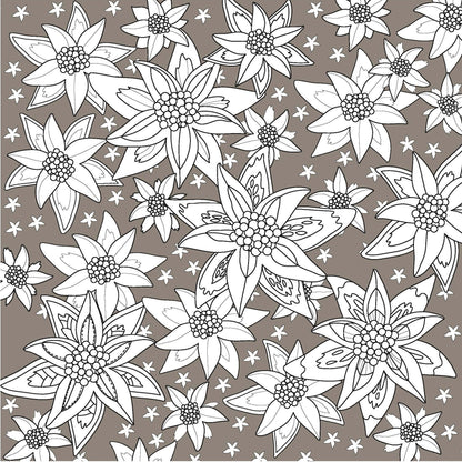 Black and white floral pattern page from an adult flower coloring book by EveryMailBox