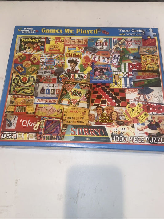 White Mountain 1000 piece puzzle featuring vintage board games collage design