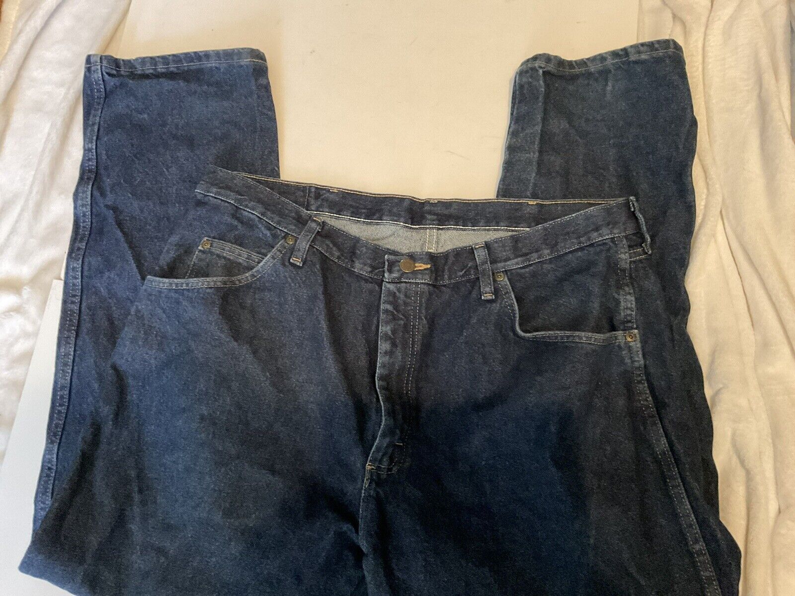 Wrangler relaxed fit jeans men dark blue denim five pocket straight leg mens laid flat